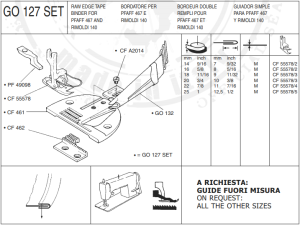 CF GO127 X 20SET zestaw płytka, ząbki ,stopka, lamownik uniwersalny składający na pół łamany do PFAFF467, Rimoldi 140