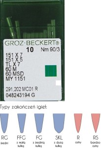 igły szwalnicze GROZ-BECKERT 151x7FFGSES do owerloka krzywe z kulką